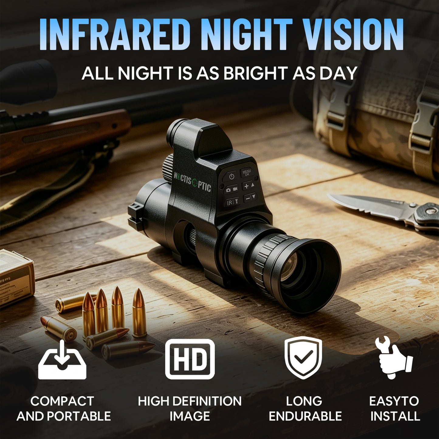 NOP4A Digital Night Vision Monocular/Scope - Lightweight 300g, Laser IR, 7 Reticles