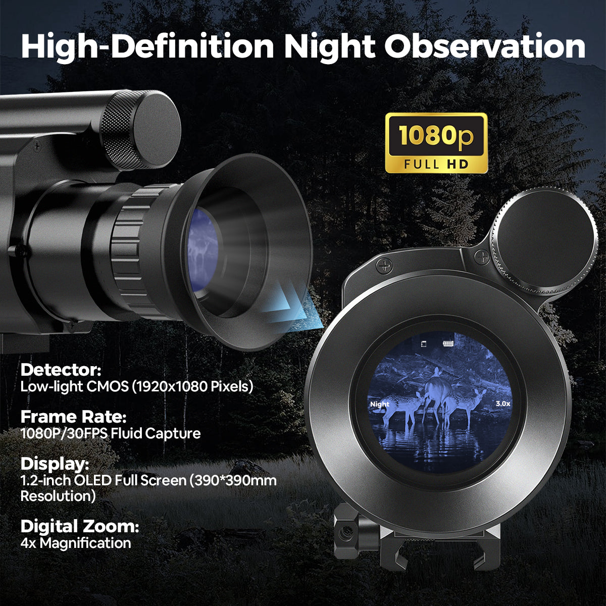 NOP075 Professional Day & Night Vision Scope - 1080P HD Monocular with 25mm/35mm/50mm Lens, Laser IR