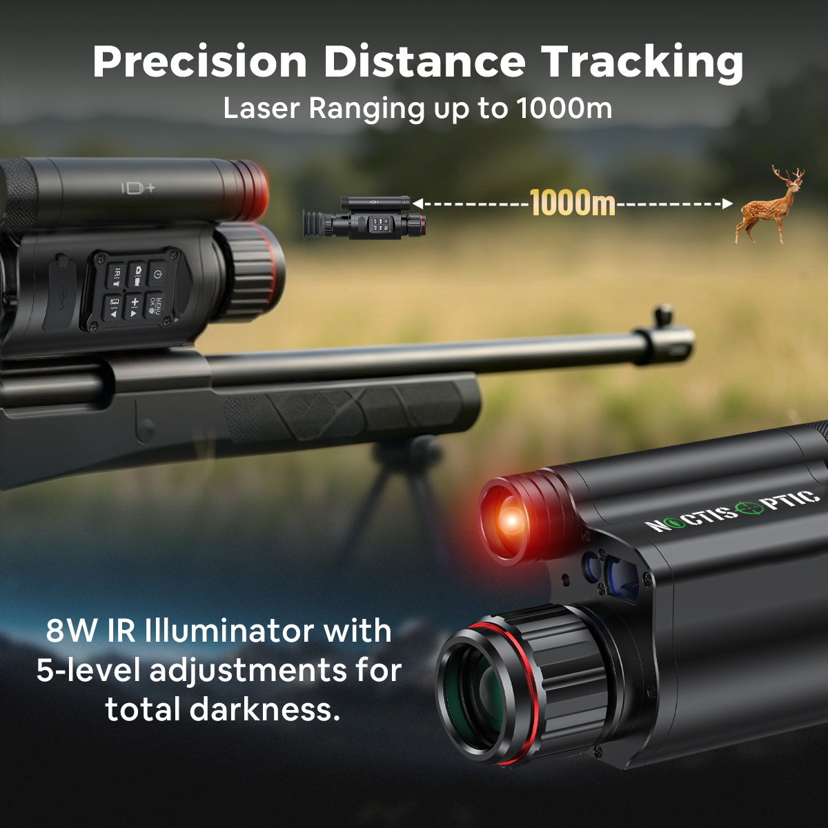NOP076 Smart Night Vision Scope - 1000m Rangefinder, Ballistics, 8W Laser IR